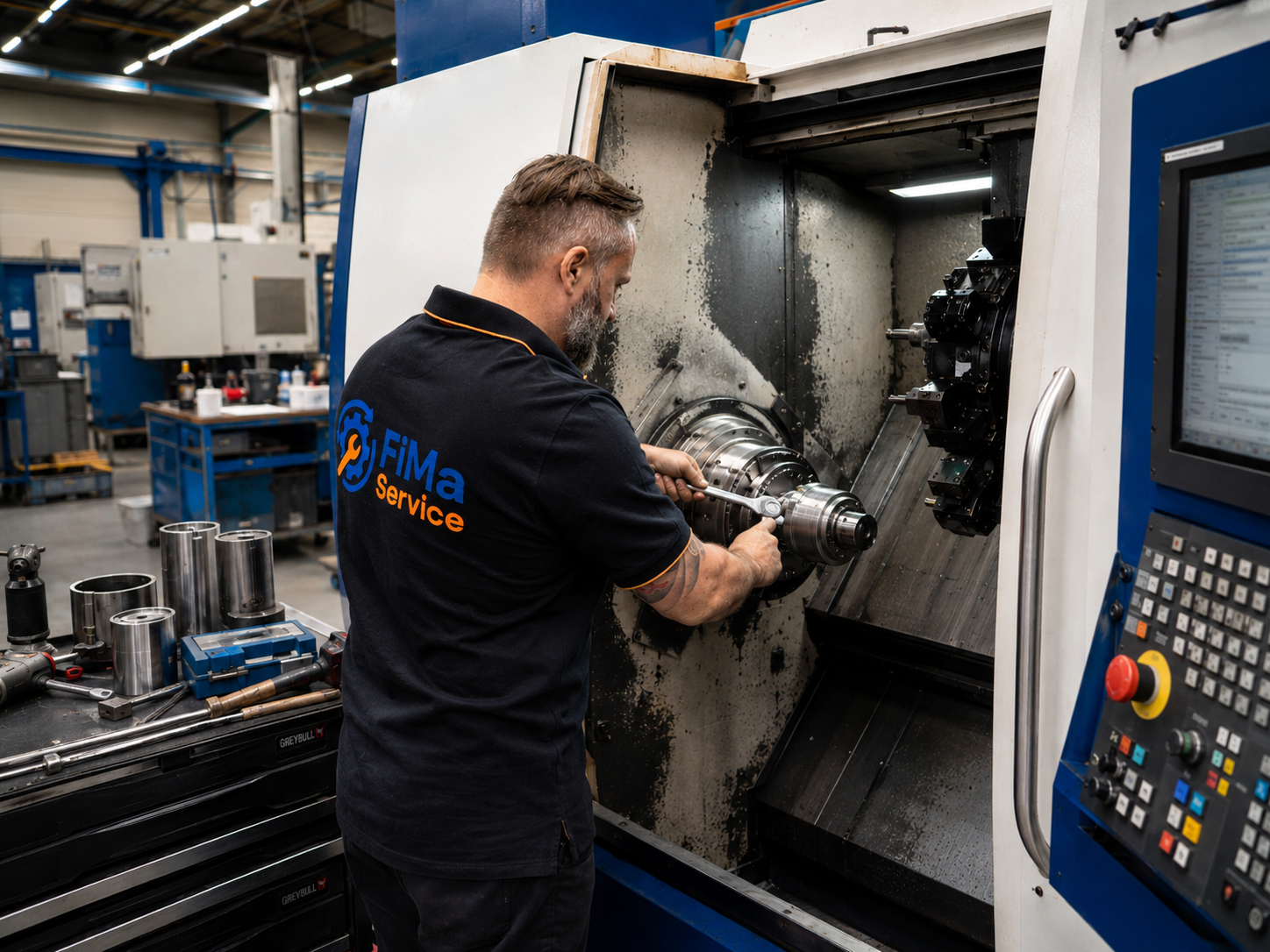 FiMa-Service Techniker repariert eine Frässpindel an einer CNC-Maschine